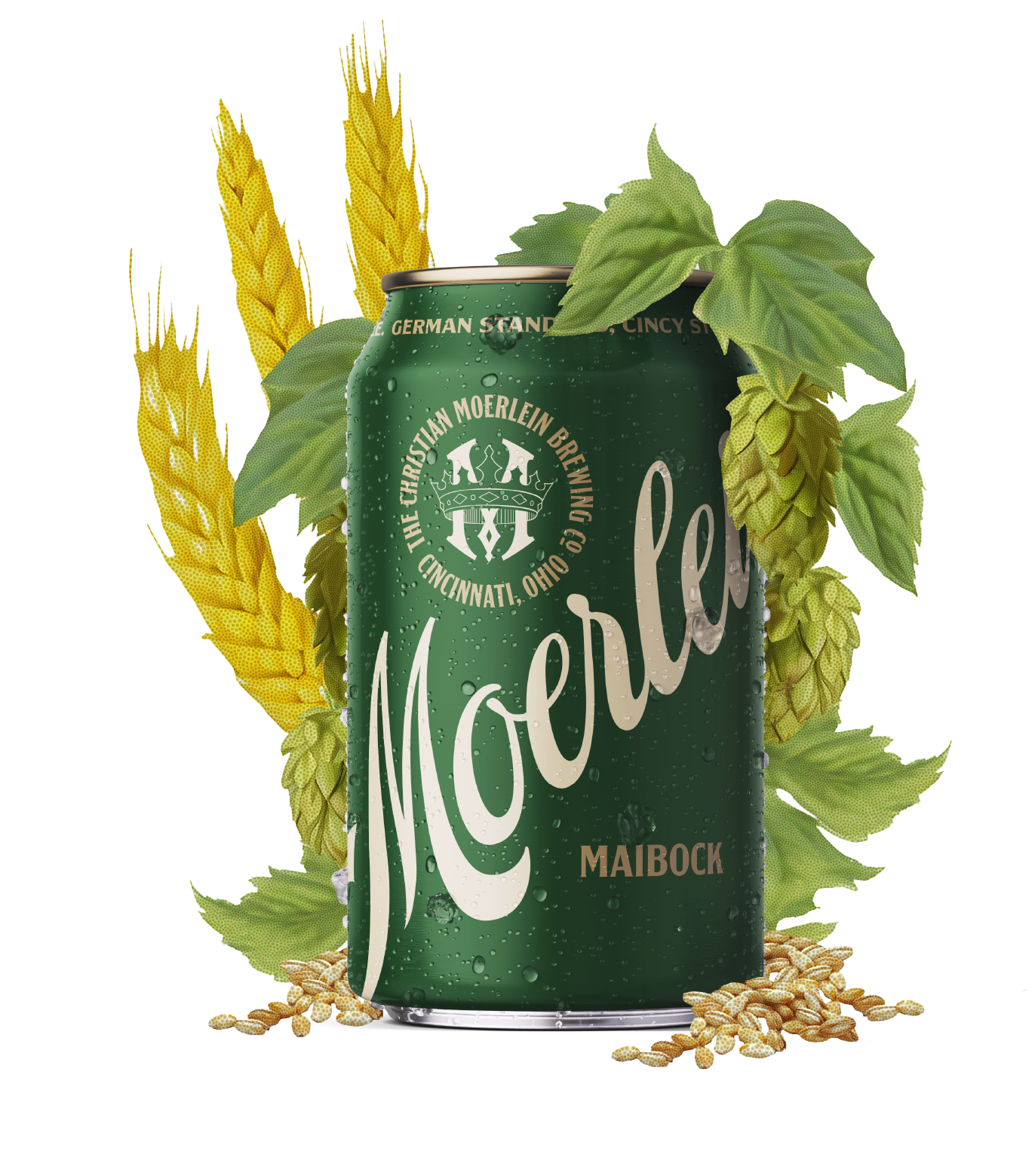 Maibock can nestled in hops and barley.